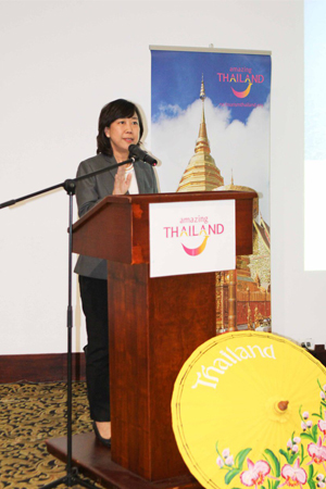 Mrs. Kulpramote Wannalert, Director of TAT Los Angeles Office gives a welcoming remarks in Medilin, Colombia 300x450