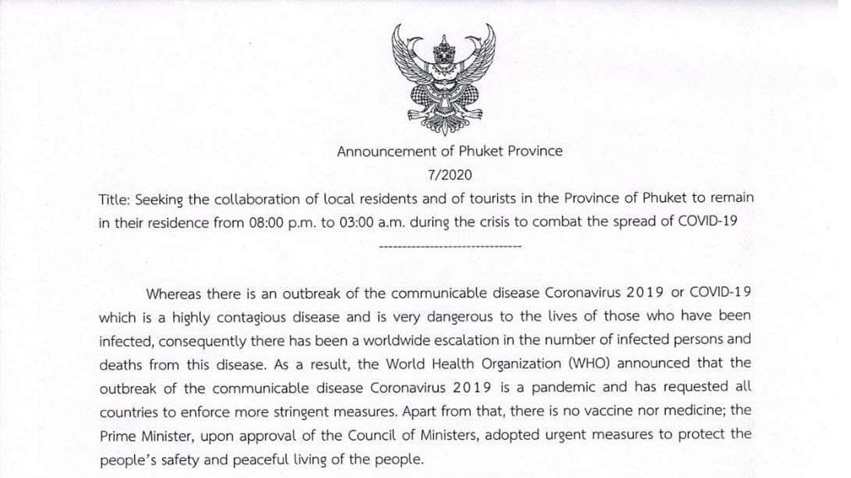 TAT update: Phuket announces 8-hour curfew from tonight, 28 March, until further notice