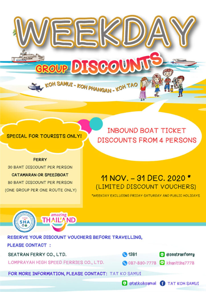 Catch the weekday group discount on ferry travel to Ko Samui, Ko Tao, and Ko Phangan