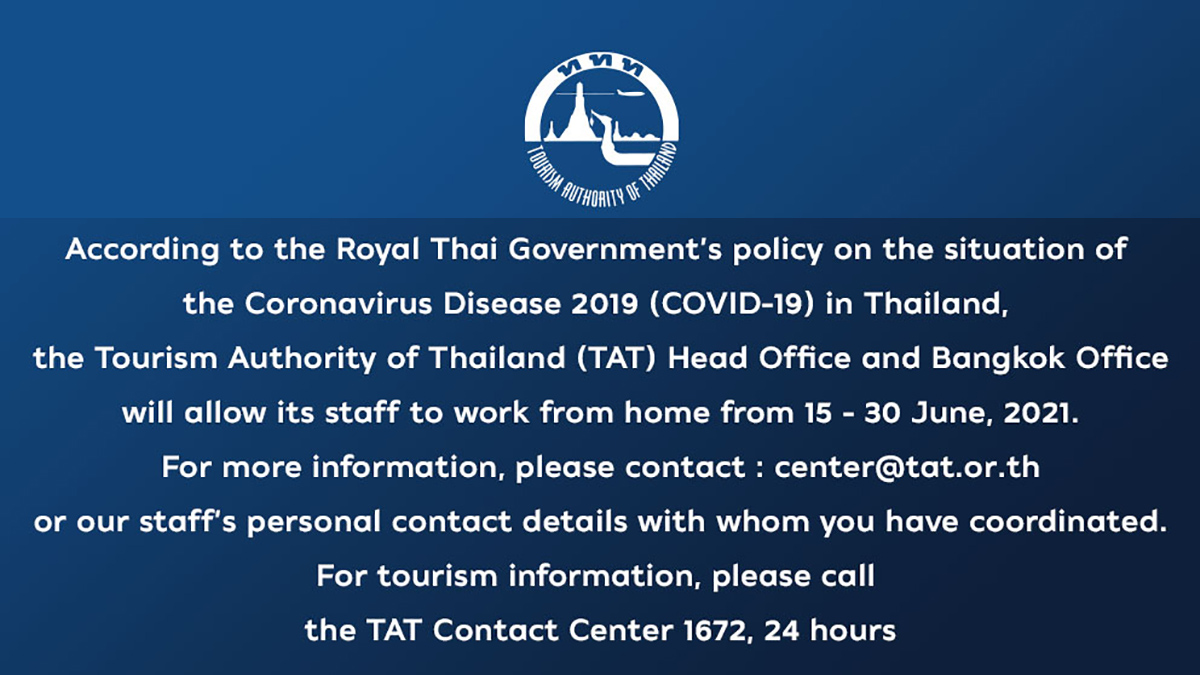 TAT announces an extension of working from home during 15-30 June 2021