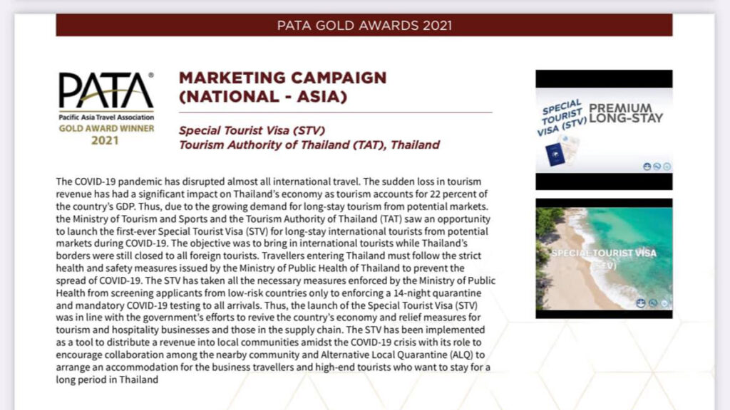 TAT wins PATA Gold Award for its Special Tourist Visa initiative