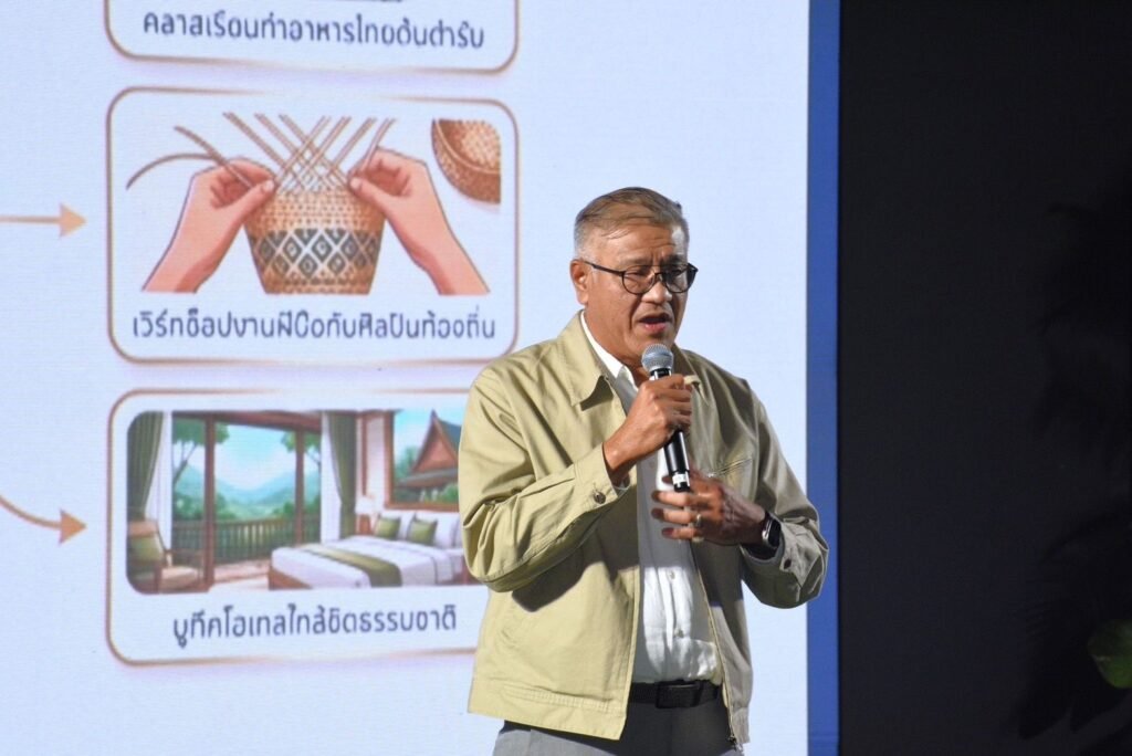 TAT executive explaining local culture, wellness, and sustainable hospitality concepts under Thailand Tourism Next 2026.